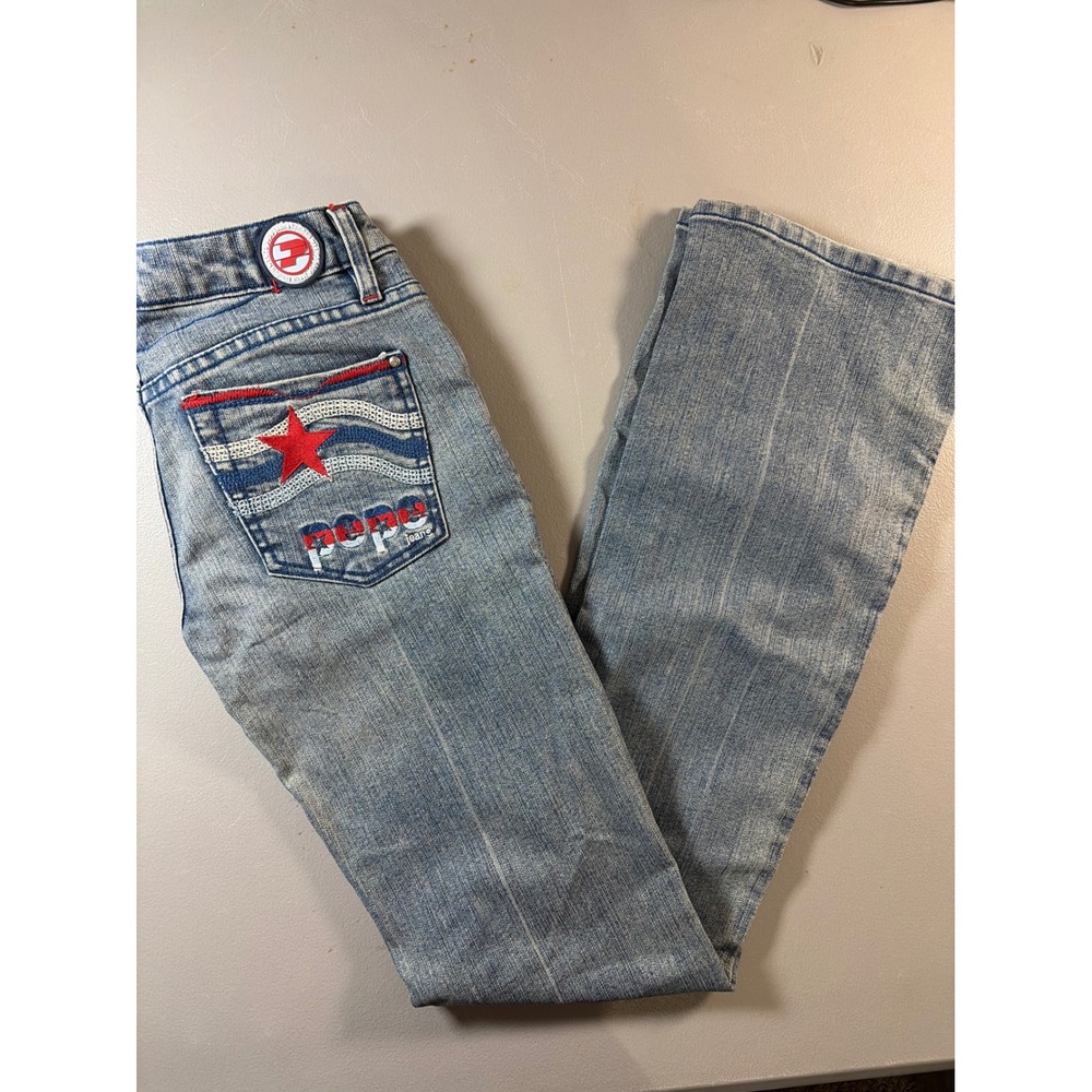 Pepe‎ Jeans London Straight Leg Jeans Womens 24 Blue Light Wash Y2K Star Logo